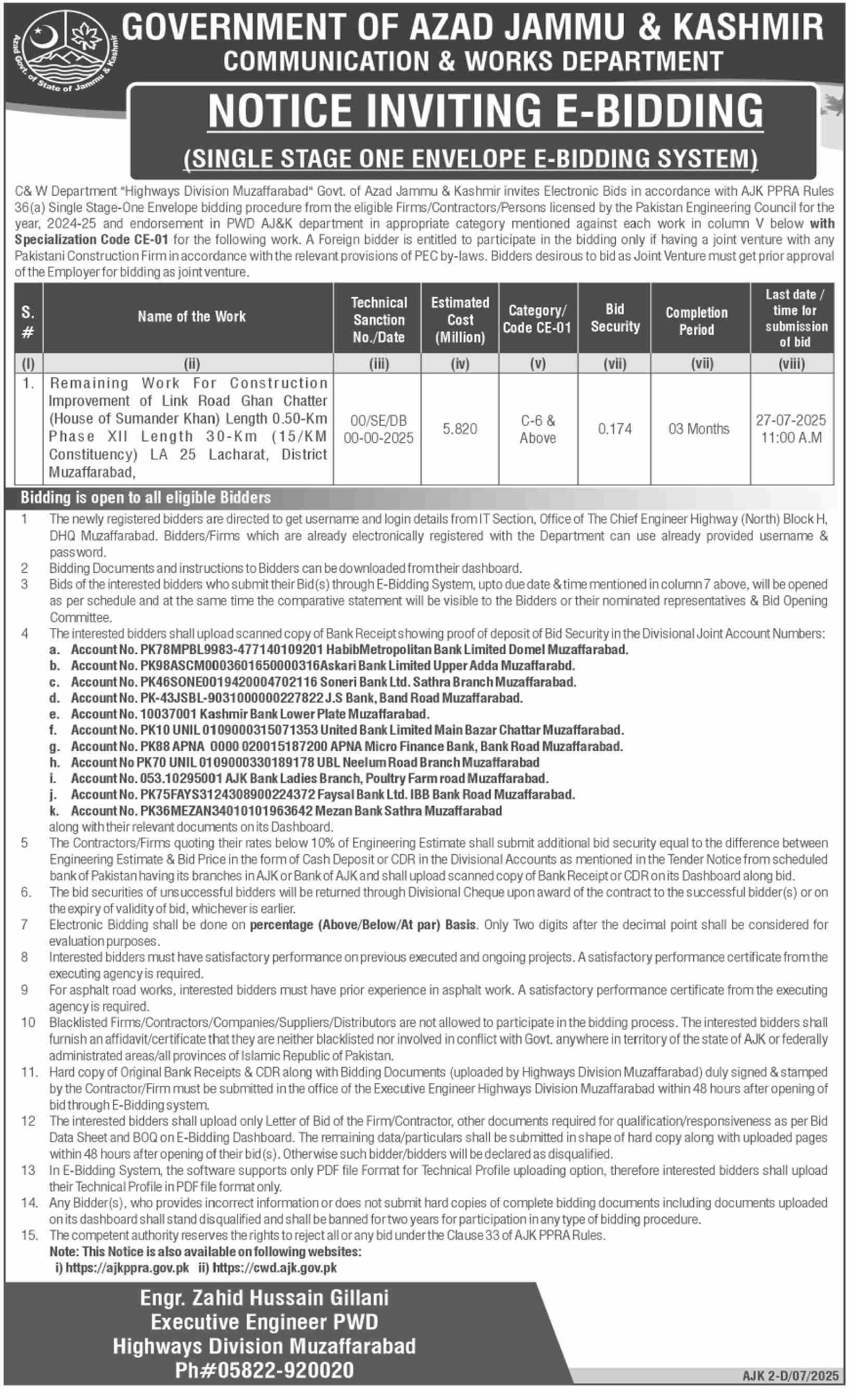 Communication & Works Department Muzaffarabad Tender Notice